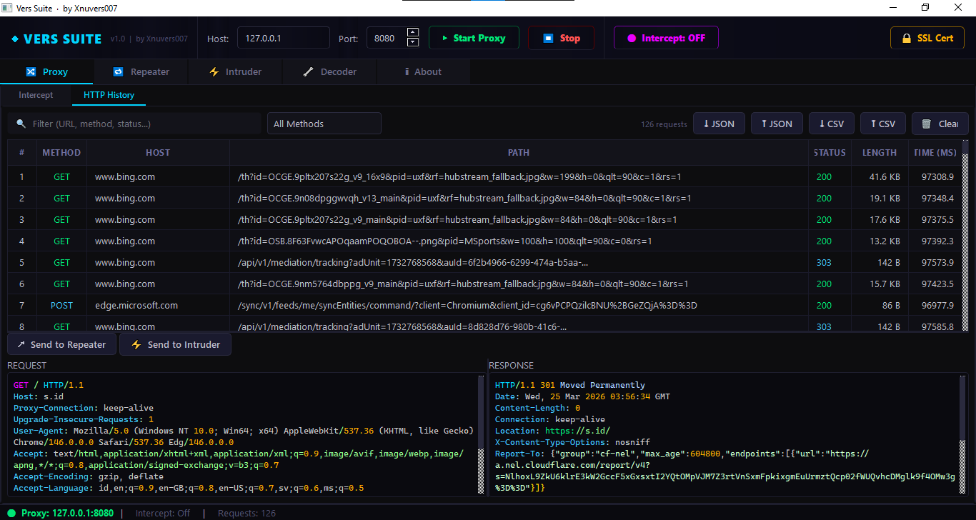Tab HTTP history dan detail request response