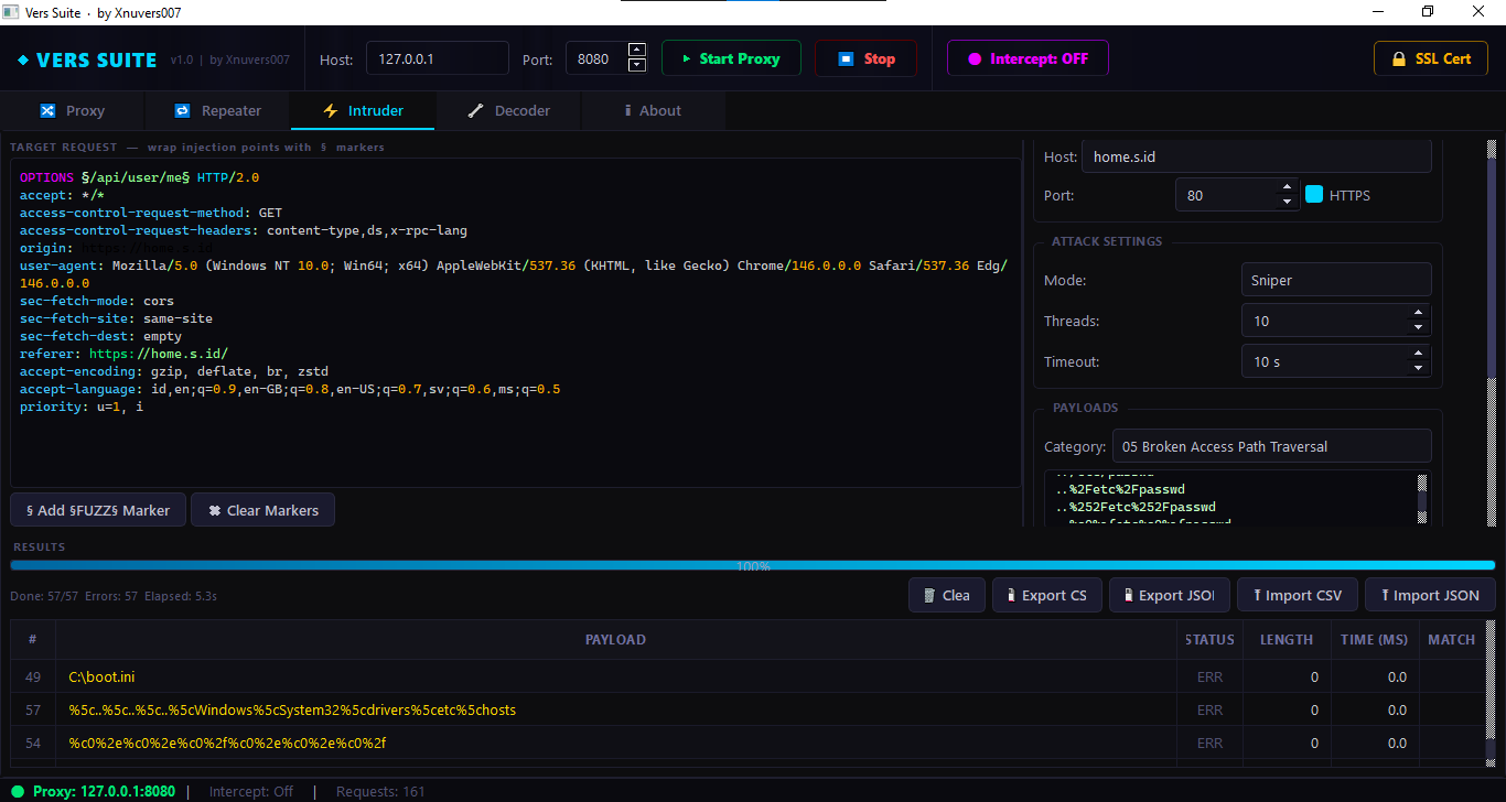 Tab intruder untuk payload testing