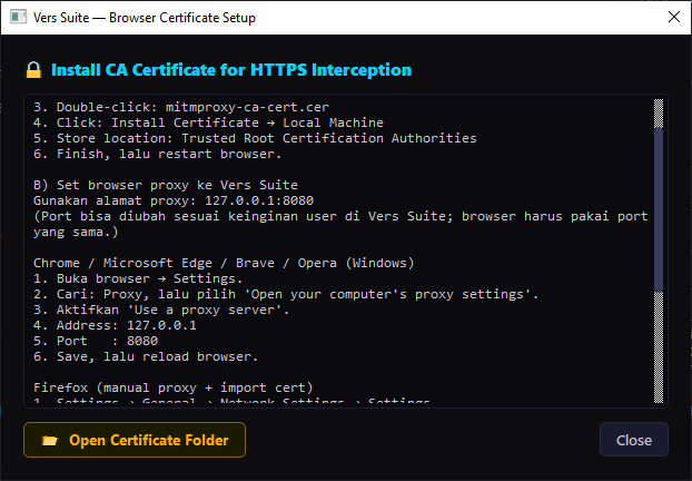 Dialog setup sertifikat browser